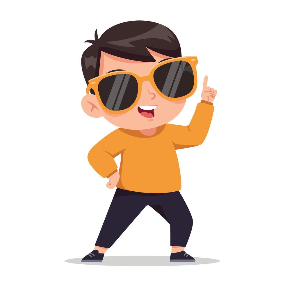 Cheerful young boy wearing stylish sunglasses, confidently posing with a playful expression in a minimal, vibrant design style, illustration vector