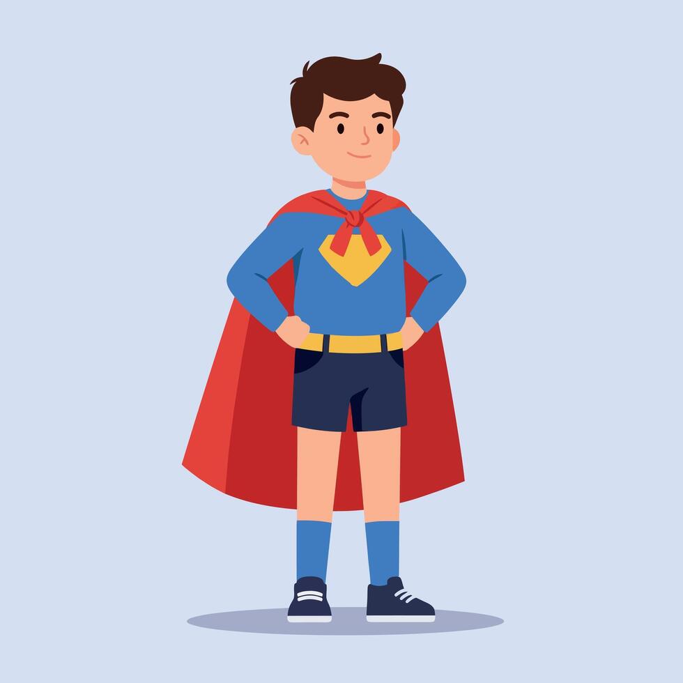 Young boy in a blue superhero costume with a red cape, smiling confidently in a flat illustration vector