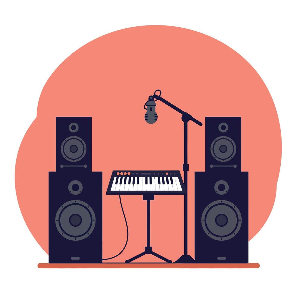 A modern music studio setup featuring speakers, microphone, and keyboard in a flat illustration with a vibrant background and creative ambiance for artistic expression vector