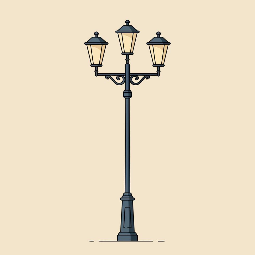 Elegant street lamp design in flat style with three lights illuminating a simple background in warm tones, art vector