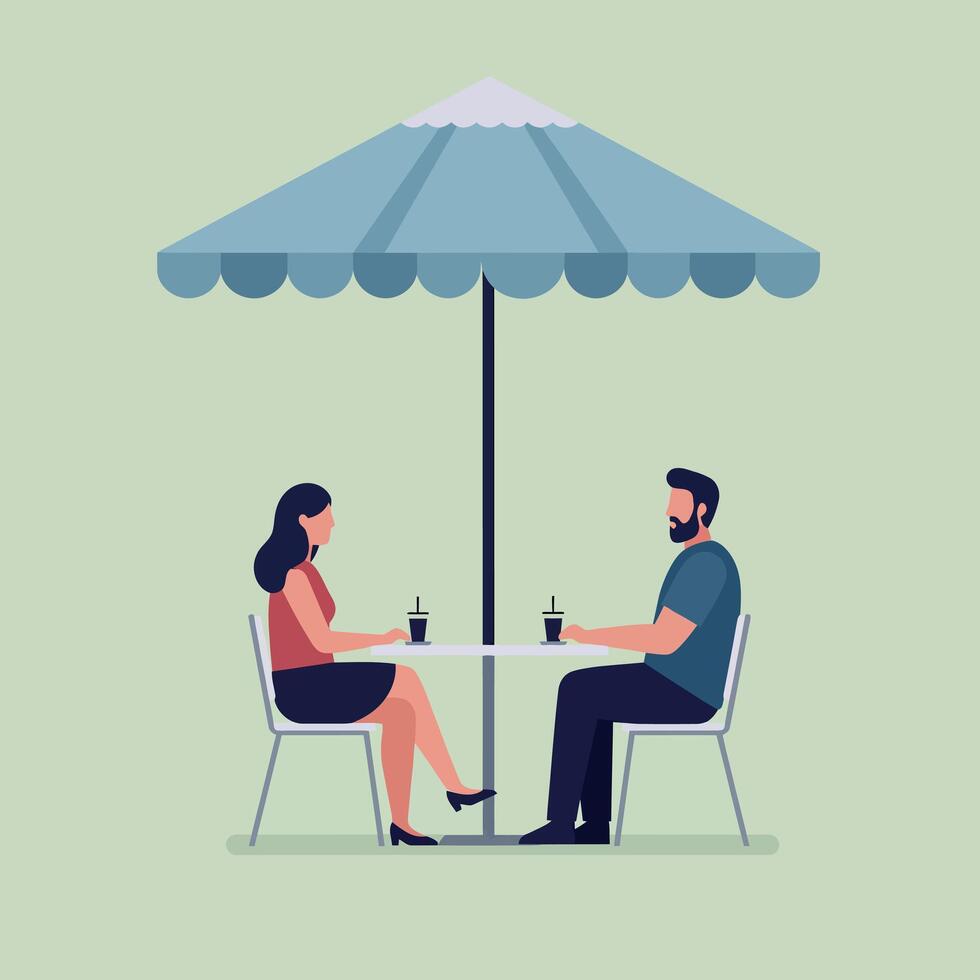 Two people enjoying drinks together under a large umbrella in a relaxed outdoor cafe setting, flat illustration vector