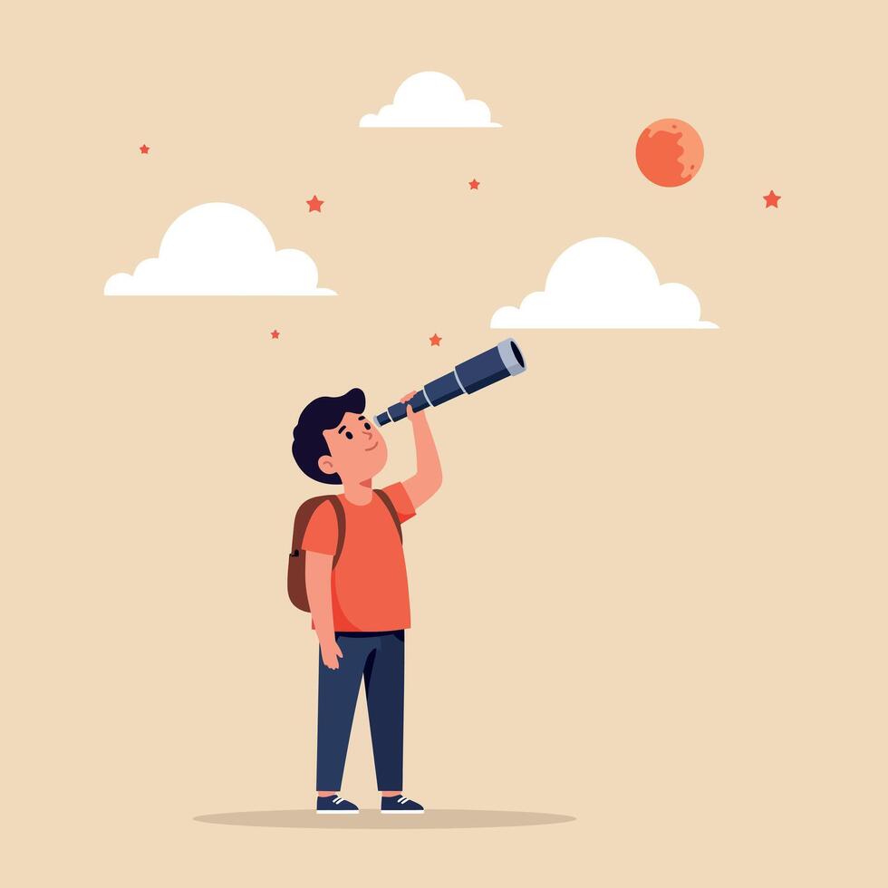 A curious boy using a telescope to explore the night sky with clouds and stars in a flat illustration vector