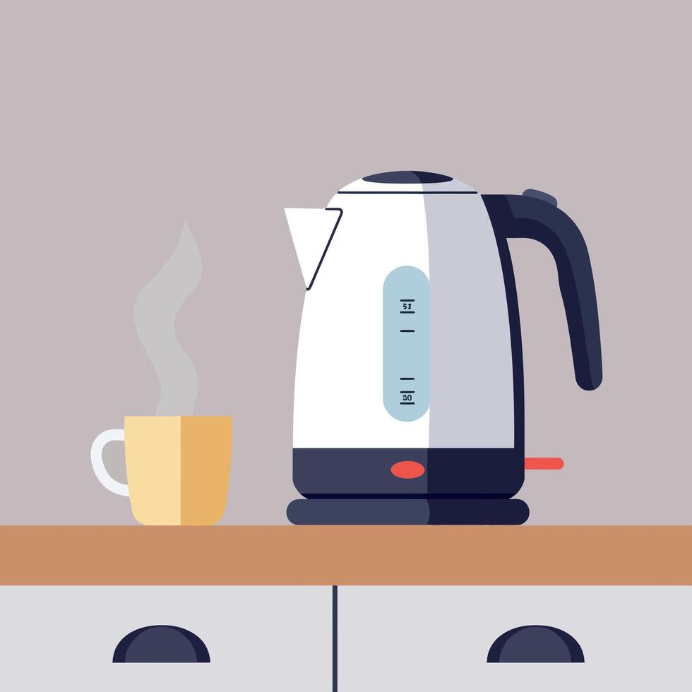 Modern Electric Kettle and Steaming Cup on Wooden Table in Minimalistic Flat Illustration vector