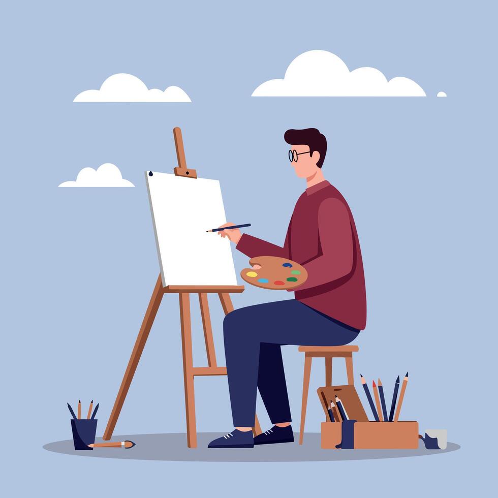 A young artist sitting on a wooden stool painting on canvas with a vibrant palette in a flat illustration vector