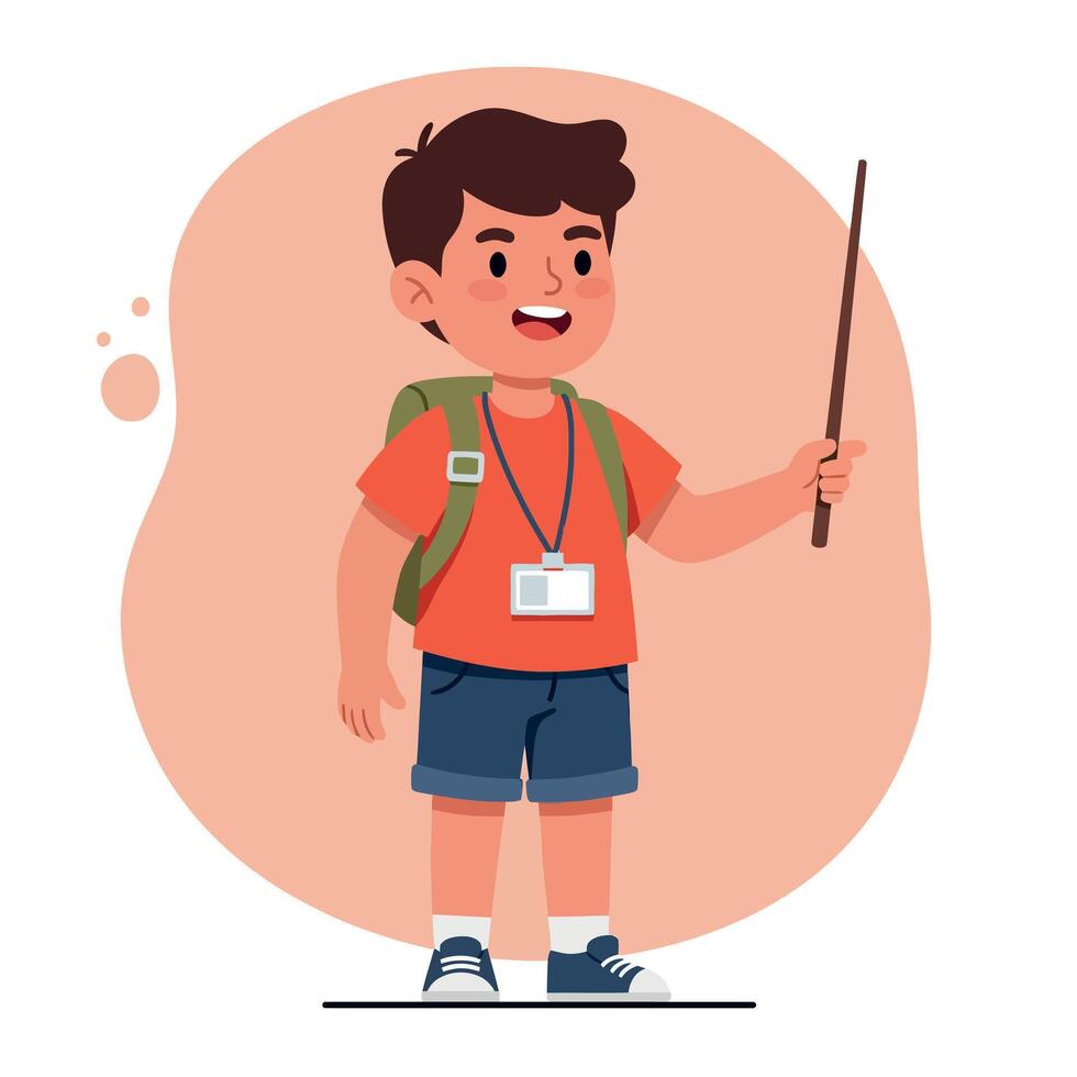 Cheerful young boy with a backpack holding a stick, flat design illustration showcasing adventure and exploration in a playful atmosphere vector
