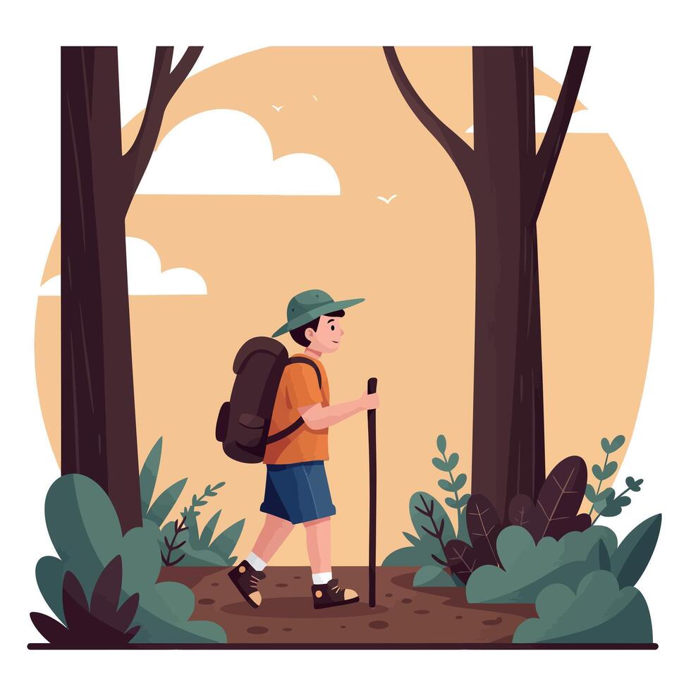 A young boy hiking through a serene forest with tall trees in a flat, colorful design style showcasing natures beauty in art vector