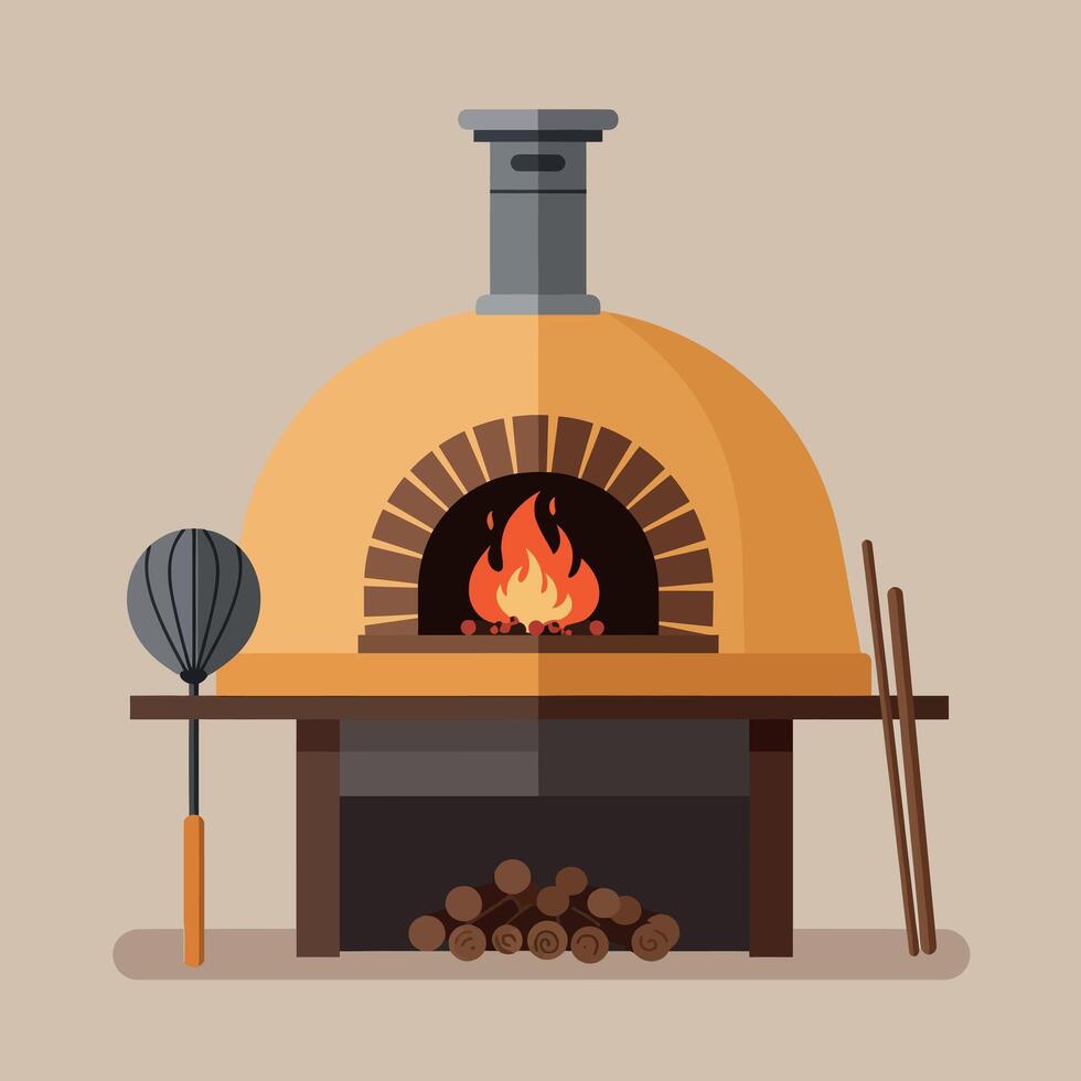 Traditional Brick Pizza Oven in Warm Tones with Rustic Tools and Fire in Flat Illustration vector