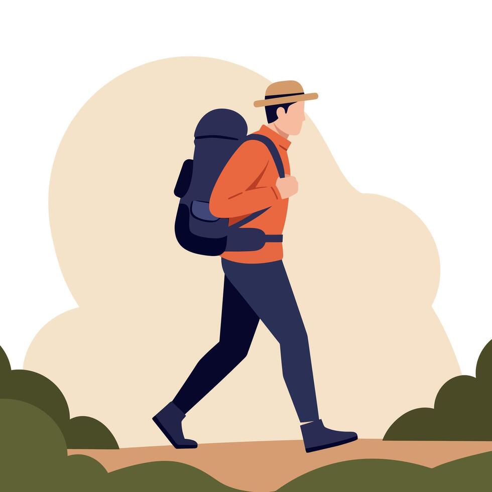 A man hiking along a scenic trail wearing a backpack and hat in a flat, minimal design illustration vector