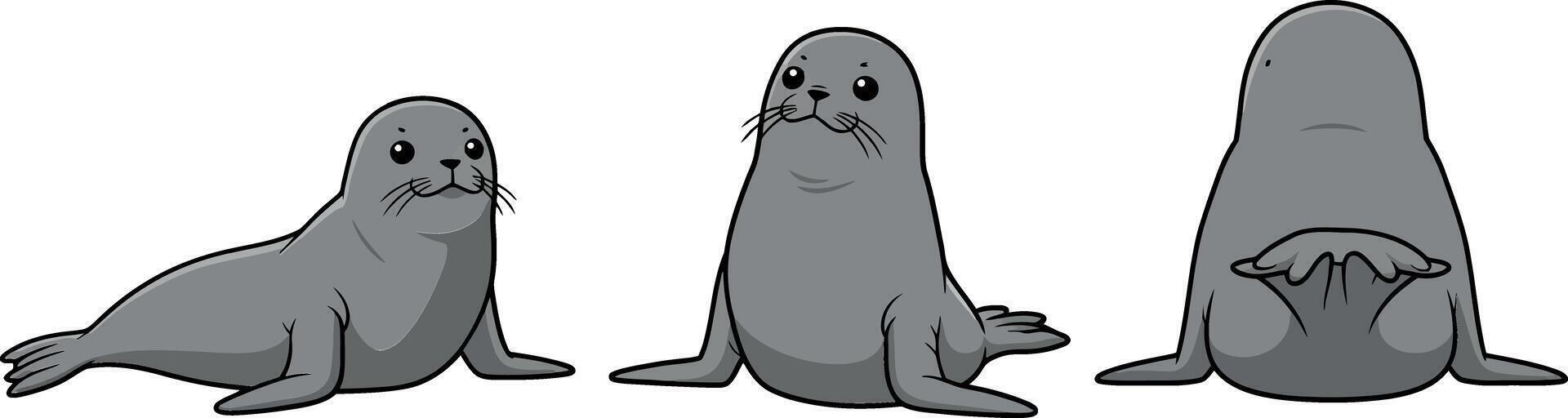 Three adorable grey seals in a playful arrangement showcasing minimalistic design style in art vector