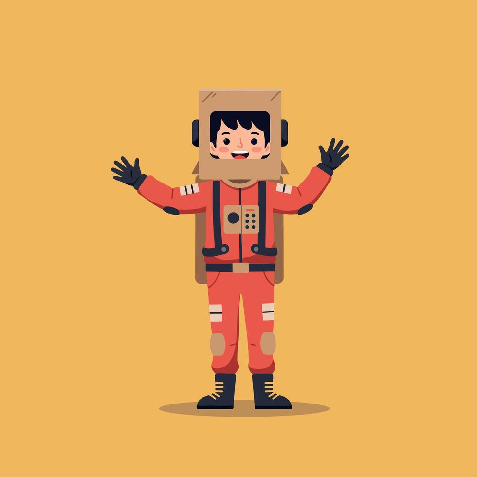 A cheerful child in a bright orange astronaut suit with a cardboard helmet, showcasing a playful demeanor in a flat illustration vector