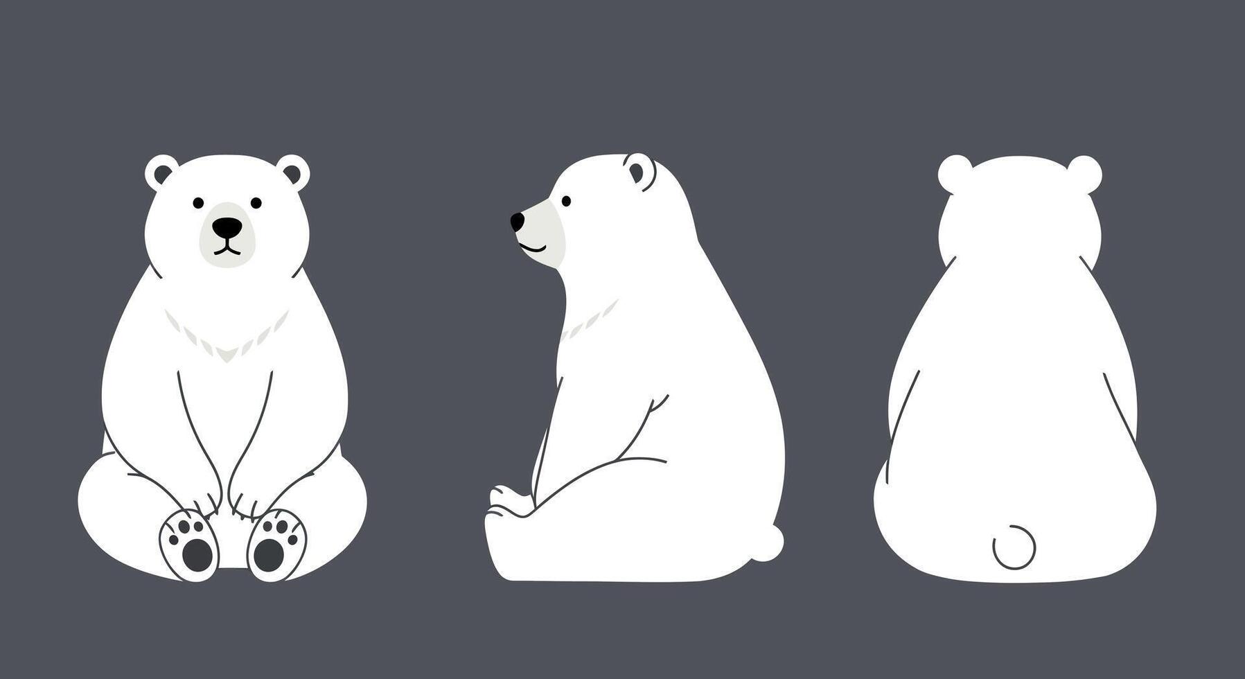 Three adorable polar bears illustrated in a flat style showcasing different perspectives, perfect for nature-themed art vector