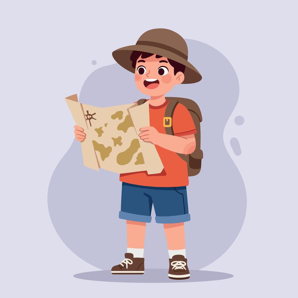 A cheerful young boy wearing a hat and backpack excitedly examines a treasure map in a playful, flat illustration style that captures adventure and curiosity in art vector