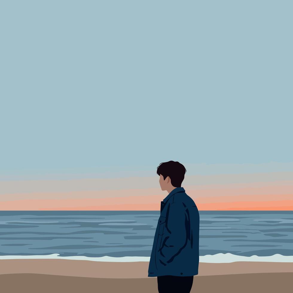 A man standing on a sandy beach gazing at the ocean waves during sunset in flat art vector