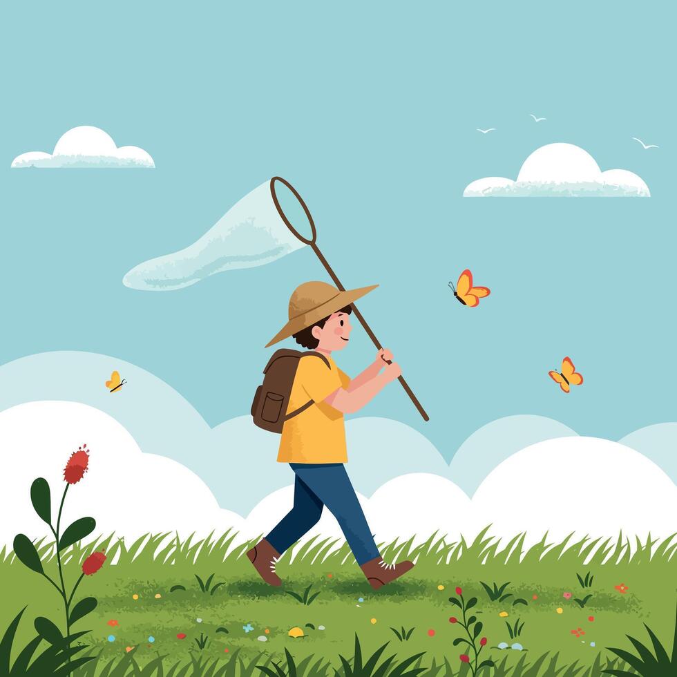 A child exploring a vibrant meadow, capturing butterflies with a net, in a flat and colorful illustration vector