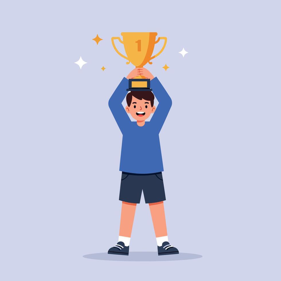 Young boy celebrating victory with a trophy in hand, cheerful expression, minimal style, festive atmosphere, illustration vector