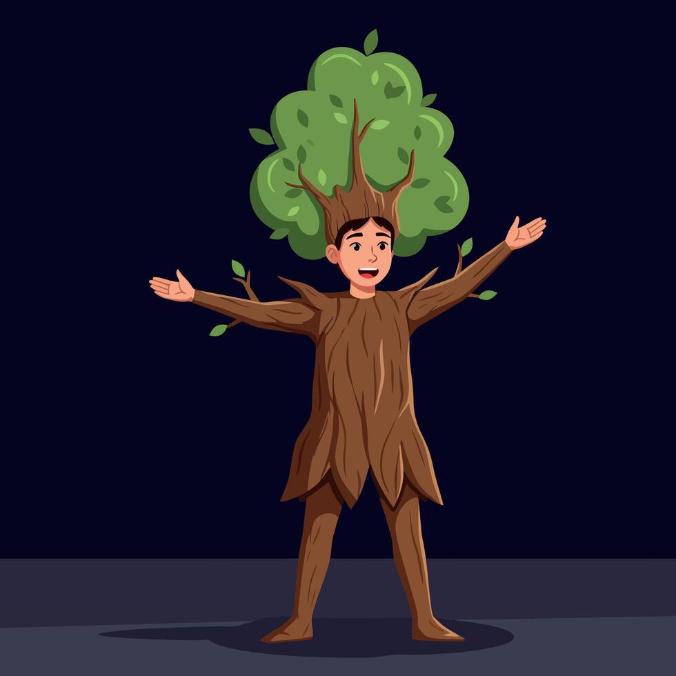 A cheerful boy dressed as a tree with green leaves, embracing nature in a playful flat illustration full of vibrant colors and joy. vector