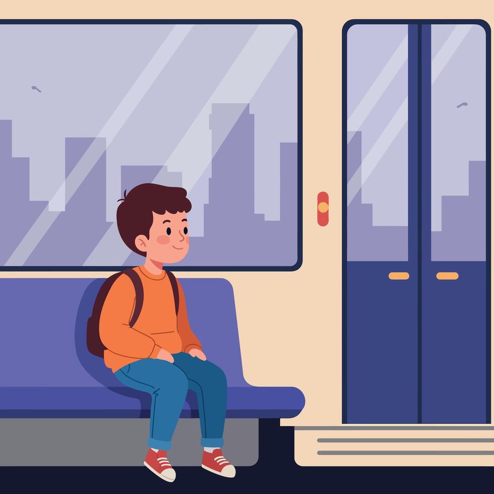 A young boy sitting quietly on a purple bus seat in a minimalistic interior design with city view, showcasing calmness and contemplation in art vector