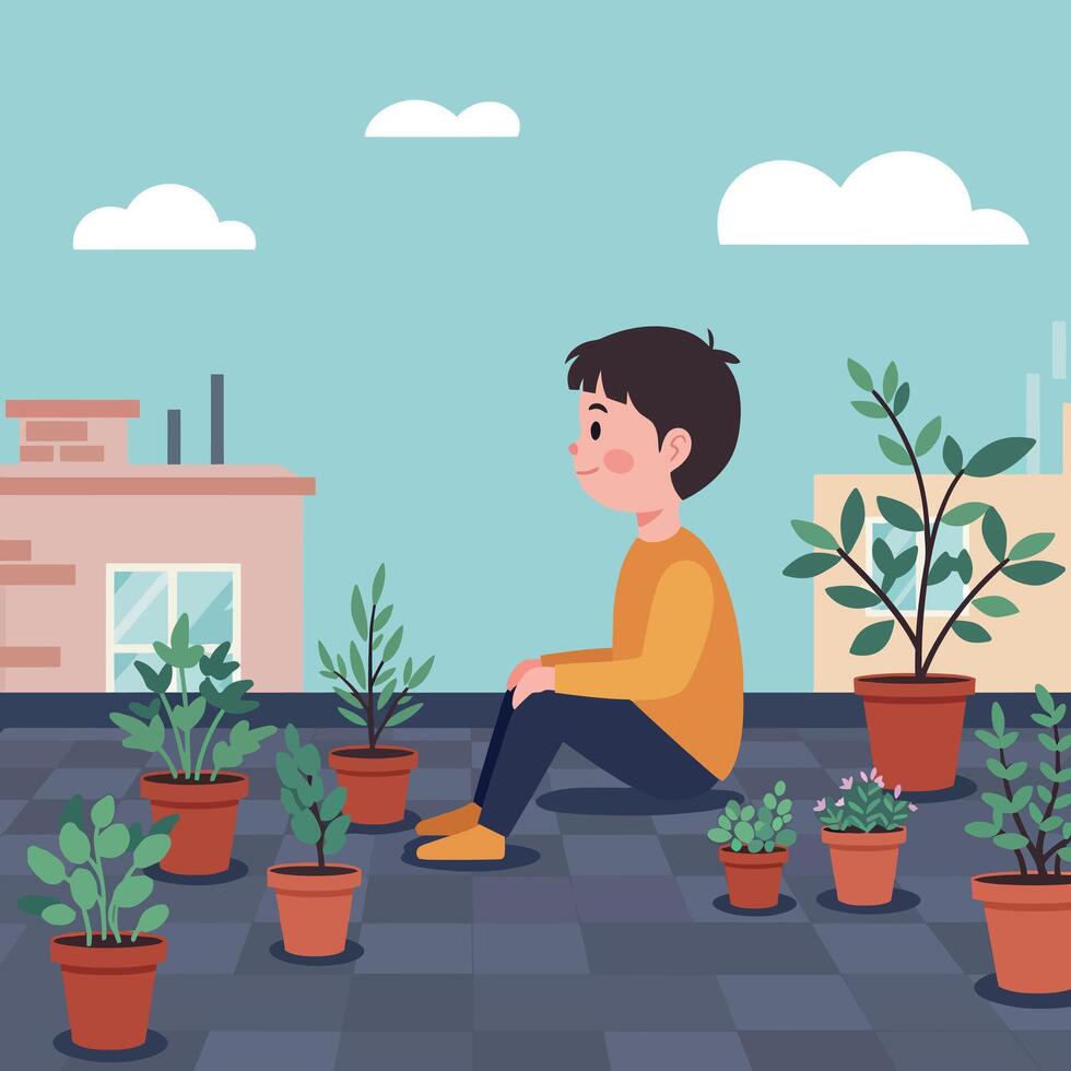 A young boy sitting peacefully among potted plants on a rooftop garden in a minimal illustration, showcasing serenity and connection with nature through vibrant green hues and soft clouds in the background art vector