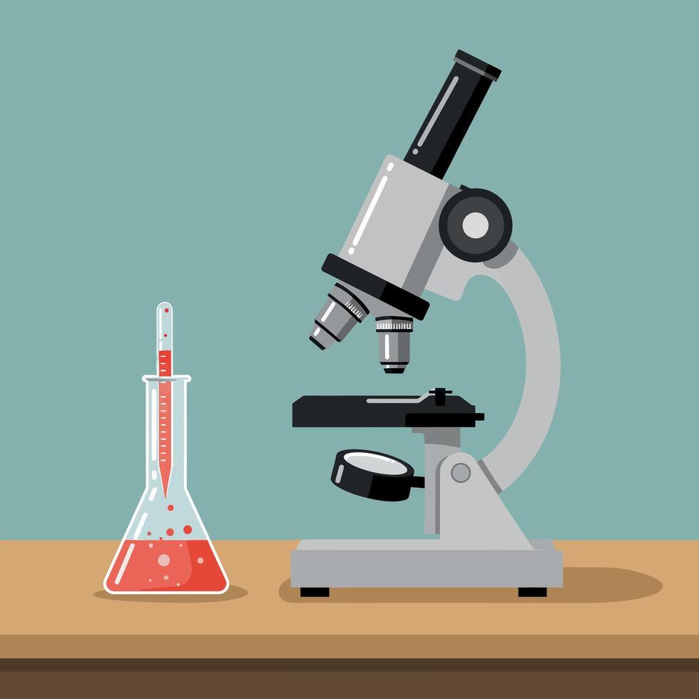 Laboratory microscope and beaker on a wooden table in a flat design illustration vector