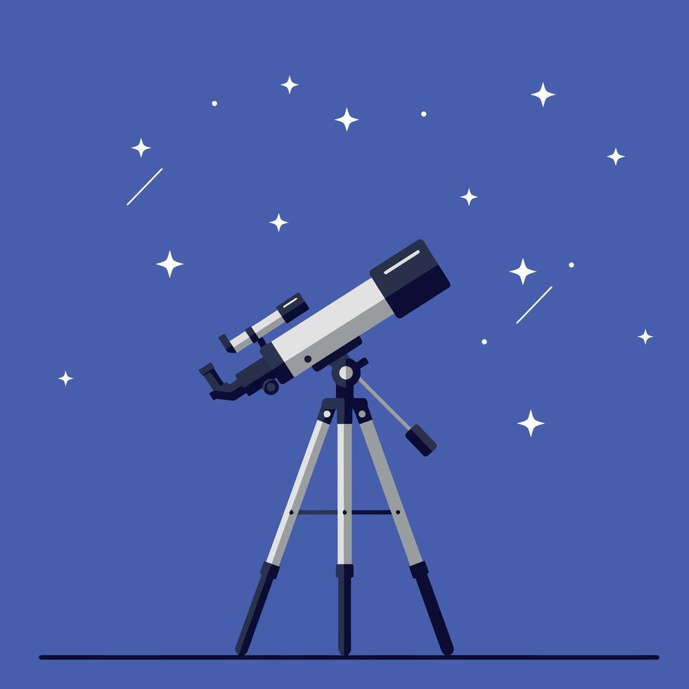 Telescope on a Tripod Under a Starry Night Sky in Minimalist Illustration vector