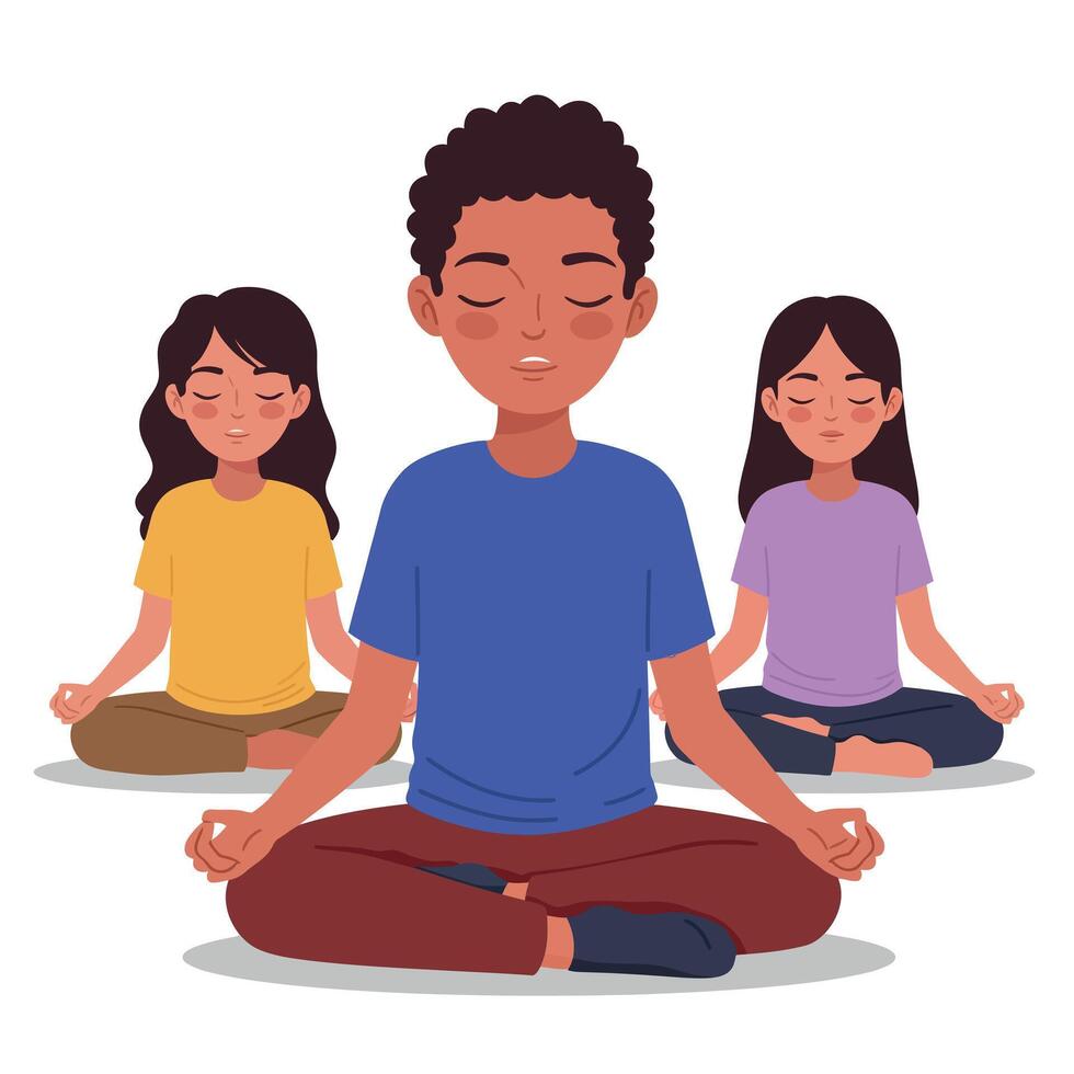 Three children meditating peacefully in a serene setting, featuring a flat and colorful design style, showcasing harmony and tranquility in art vector