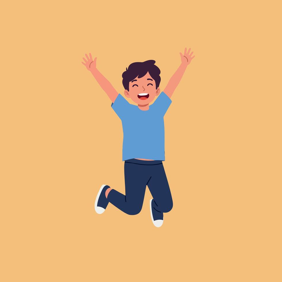 Happy child jumping joyfully with arms raised in vibrant flat illustration celebrating excitement and pure delight in a cheerful atmosphere vector