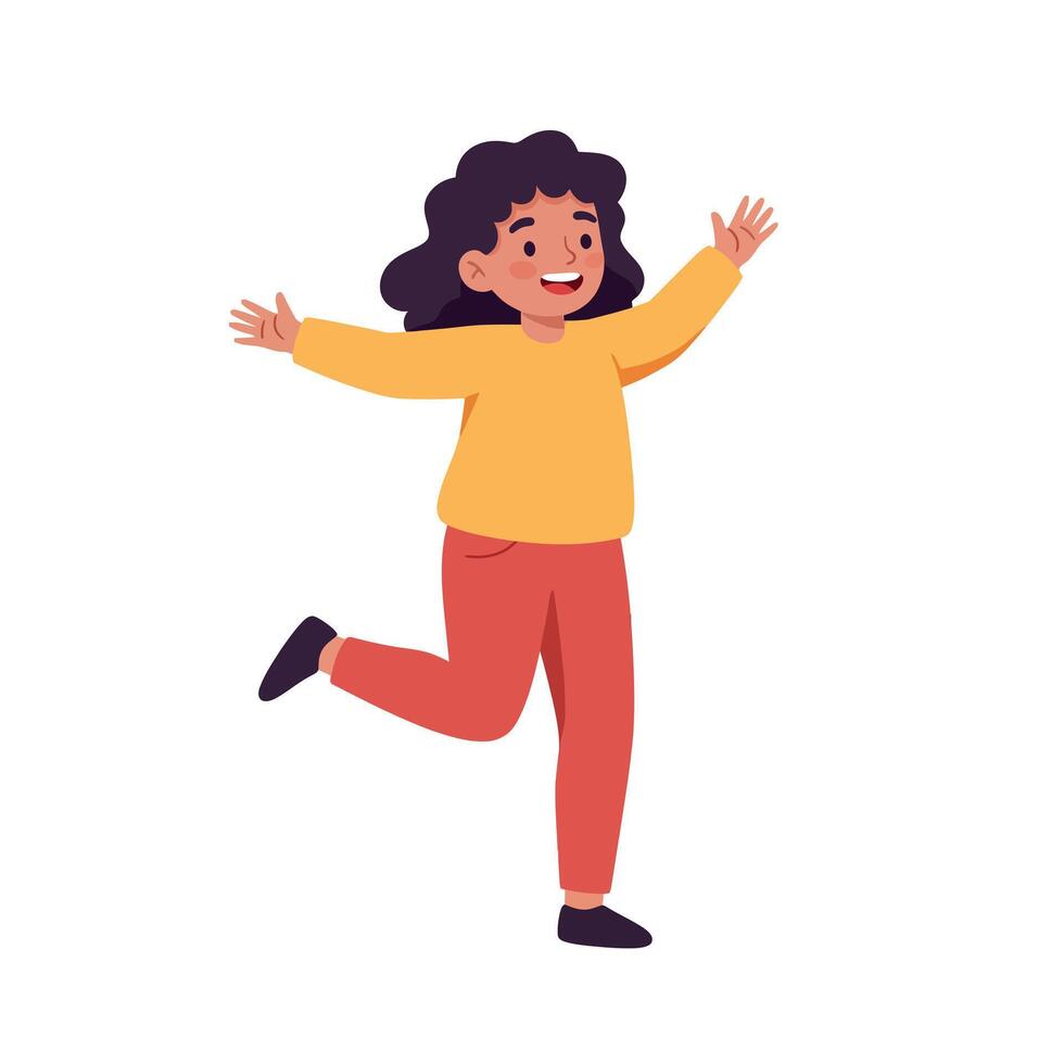 Happy girl in orange sweater and red pants joyfully running in a flat, cheerful style illustration vector