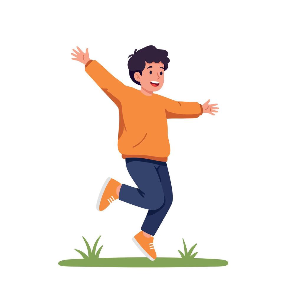 Happy boy in an orange sweater joyfully skipping across green grass in a flat illustration vector