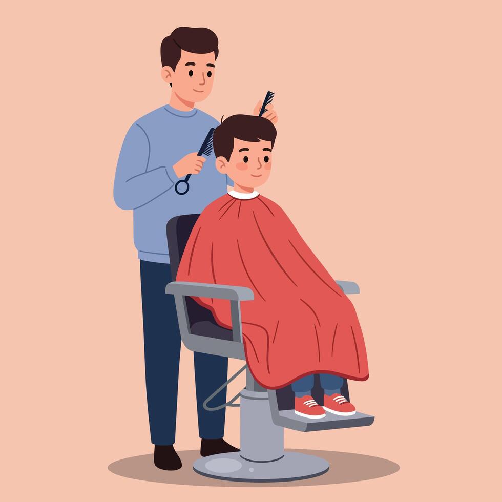 A barber skillfully cutting a young boys hair while he sits in a stylish chair, featuring a minimal and modern design style, illustration vector