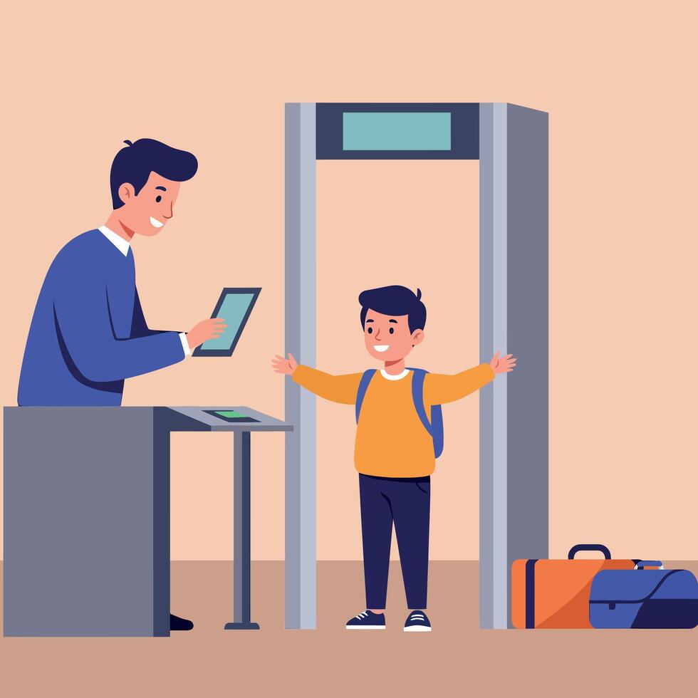 A cheerful child passing through a security scanner at an airport with a friendly attendant in flat art vector