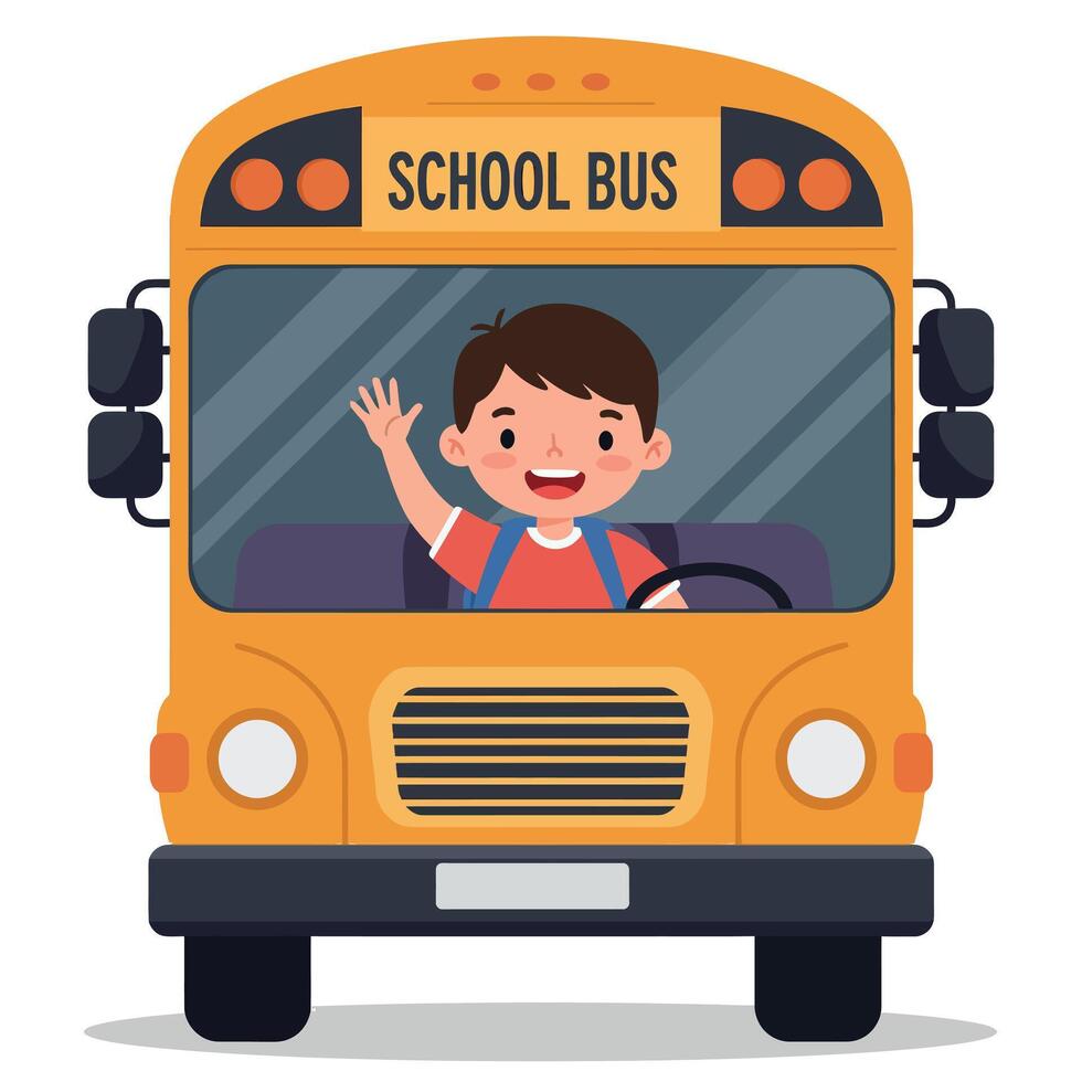 Cheerful boy waving from a bright yellow school bus in a playful flat illustration vector