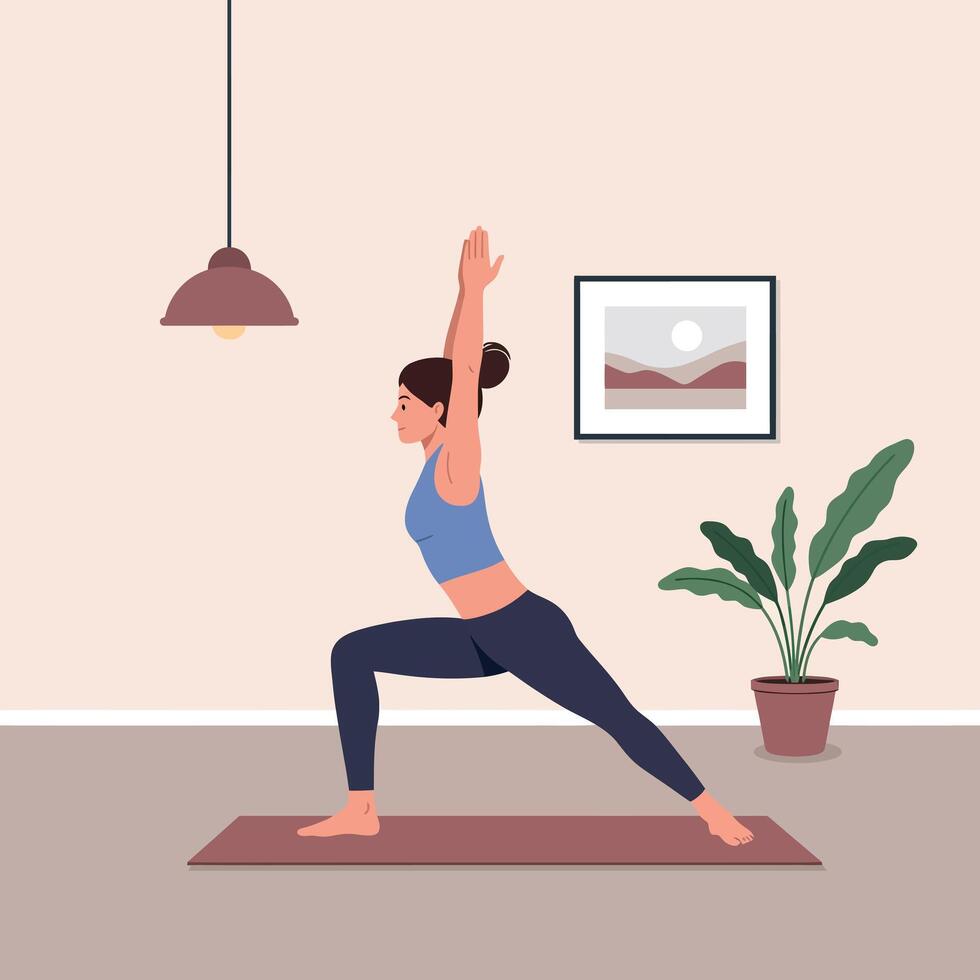Woman practicing yoga in a peaceful indoor setting with a minimal style and soothing atmosphere, showcasing strength and balance in art vector