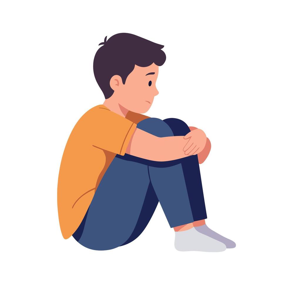 A young boy sitting with knees hugged to his chest in a flat and minimal style illustration, expressing a feeling of contemplation and solitude. vector