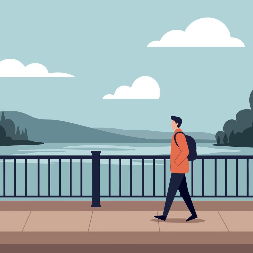 A man walking along a serene waterfront pathway in a flat illustration with gentle hills and clouds in the background, evoking peacefulness and tranquility through art vector