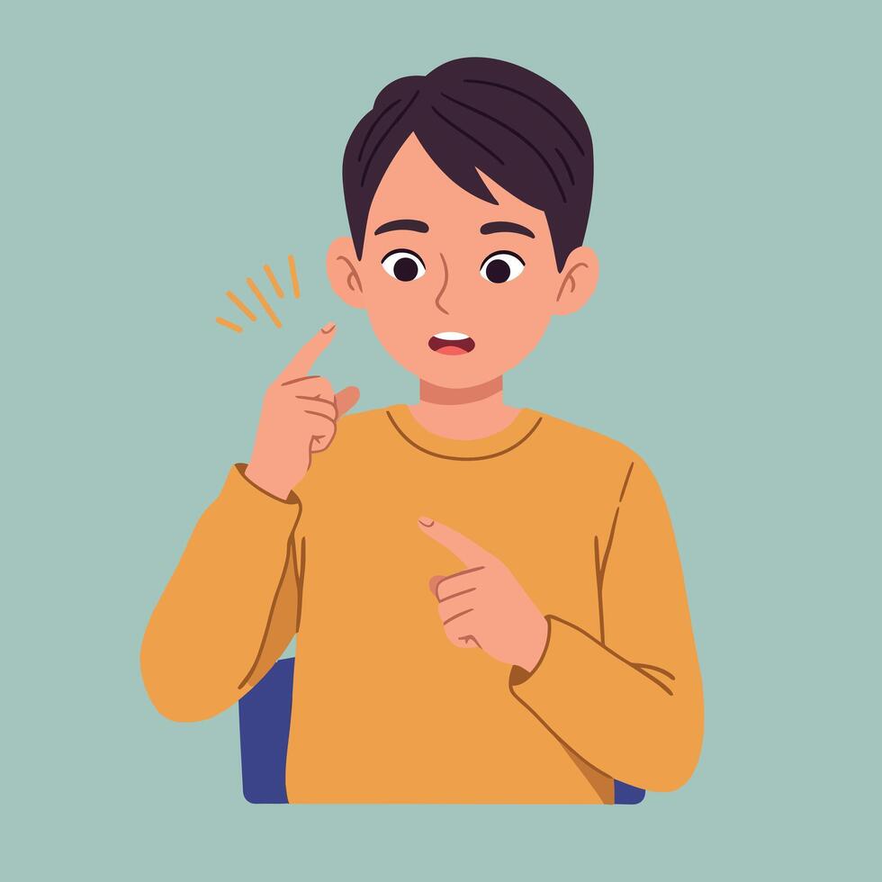 Young boy with a surprised expression sitting at a table in a minimal design style art vector