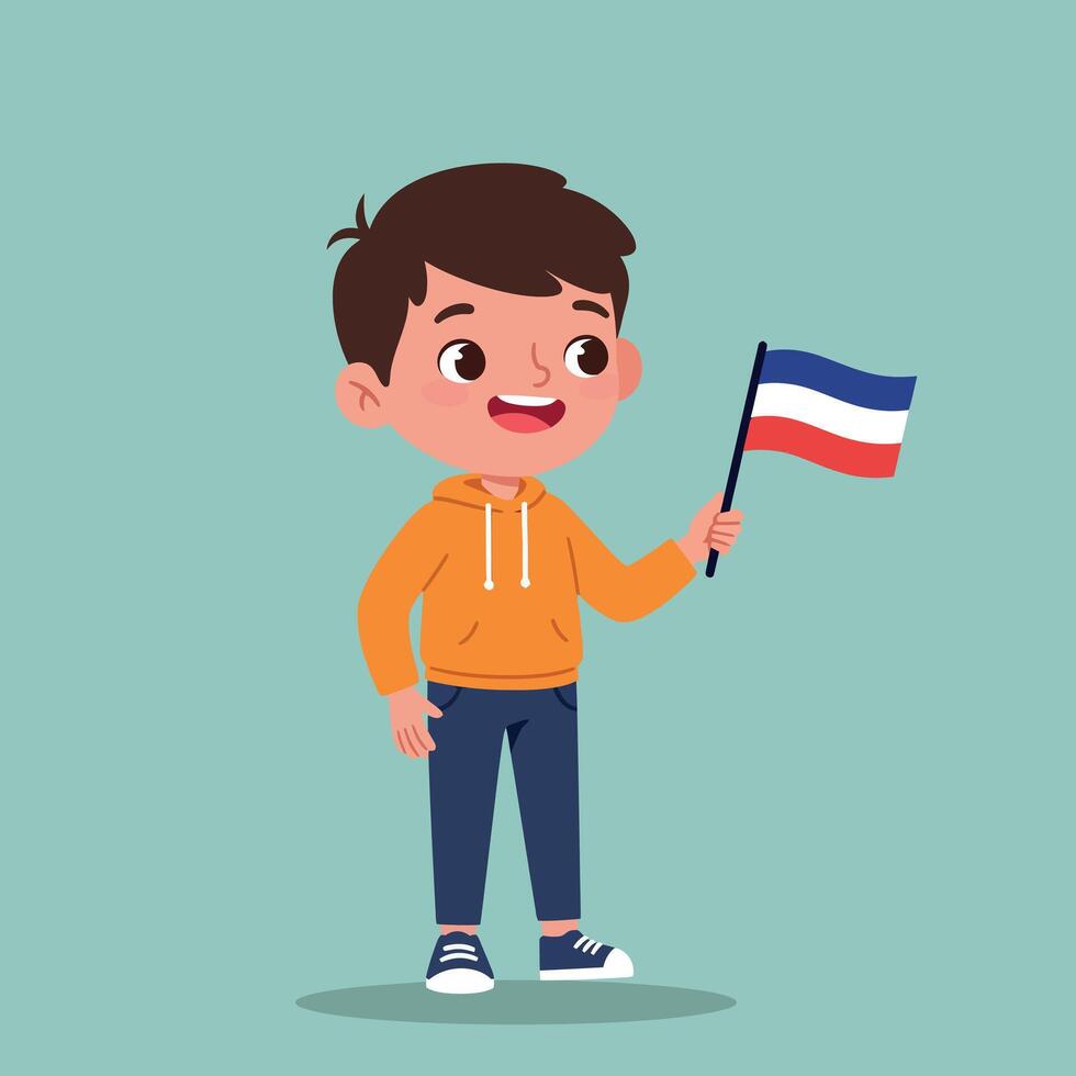 A cheerful boy in a bright orange hoodie proudly waving a small flag with blue, white, and red stripes in a minimal illustration vector