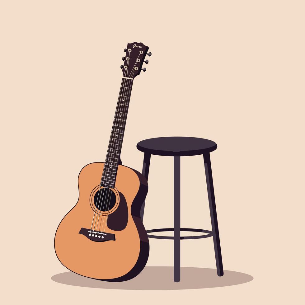Acoustic guitar leaning against a black stool in minimal style showcasing musical creativity and inspiration in art vector