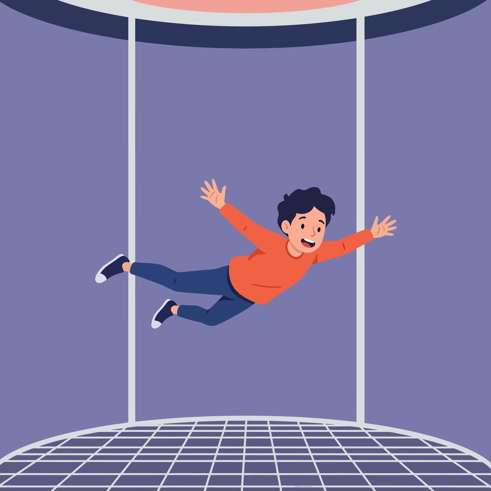 A joyful child with curly hair soaring in a wind tunnel while wearing a bright orange shirt, engaging in a thrilling indoor skydiving experience depicted in flat art vector