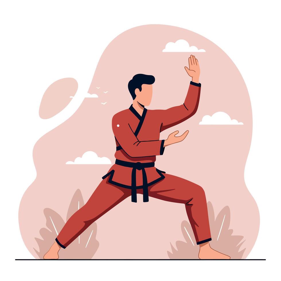 A male martial artist in a red uniform practicing a graceful pose in a minimalistic setting with soft background elements, showcasing focus and determination in art vector