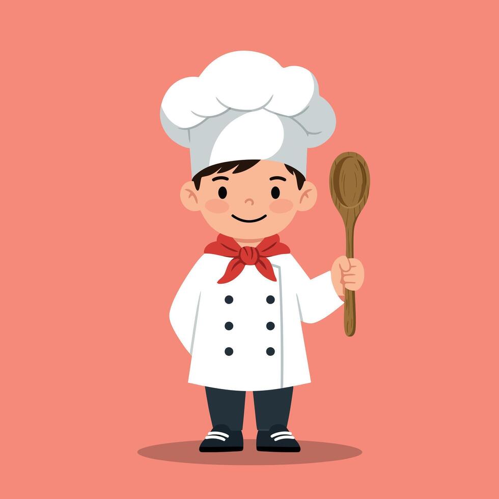 Smiling young boy wearing a chefs hat and white uniform holding a wooden spoon in a playful, minimal style illustration vector