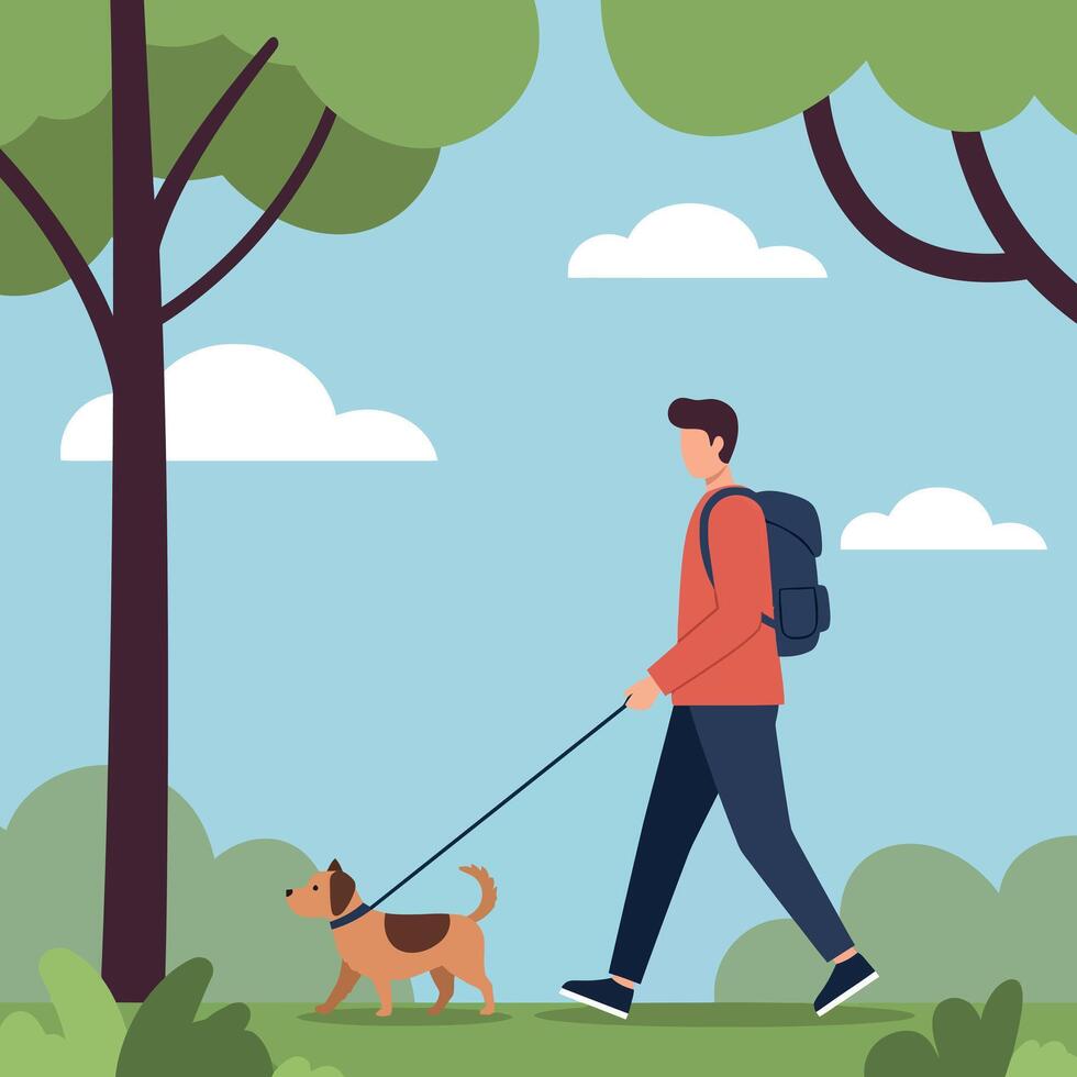 A man walking a small dog through a lush park setting in a flat design illustration showcasing nature and outdoor activity vector