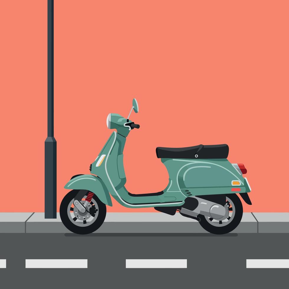Vintage Green Scooter Parked by a Street Lamp in Minimalist Urban Setting Illustration vector