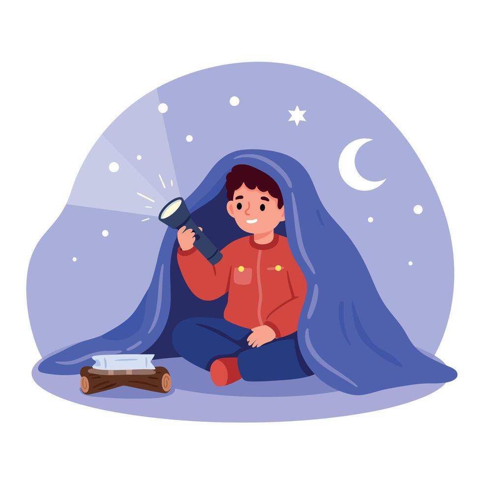 A cheerful boy sitting inside a blanket fort, holding a flashlight and enjoying a cozy evening, flat illustration vector