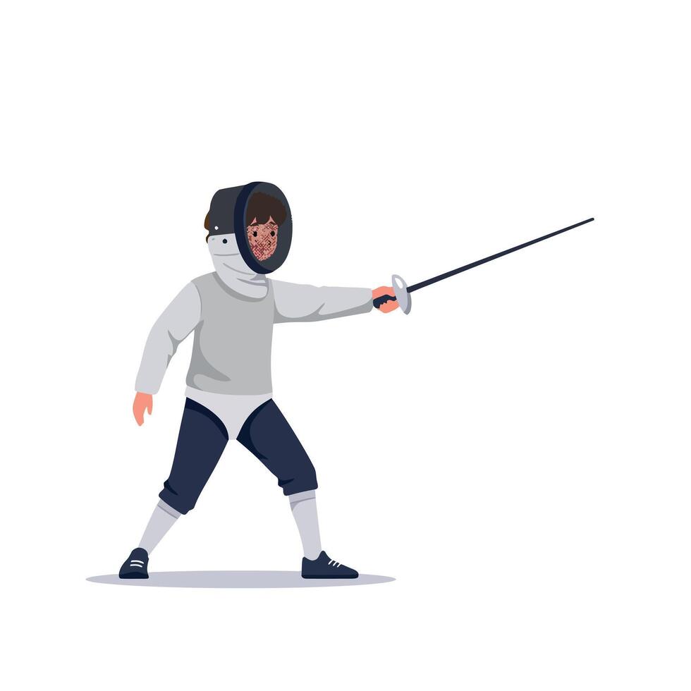 A young fencer poised in action, wearing protective gear, showcasing determination and skill in a flat illustration vector