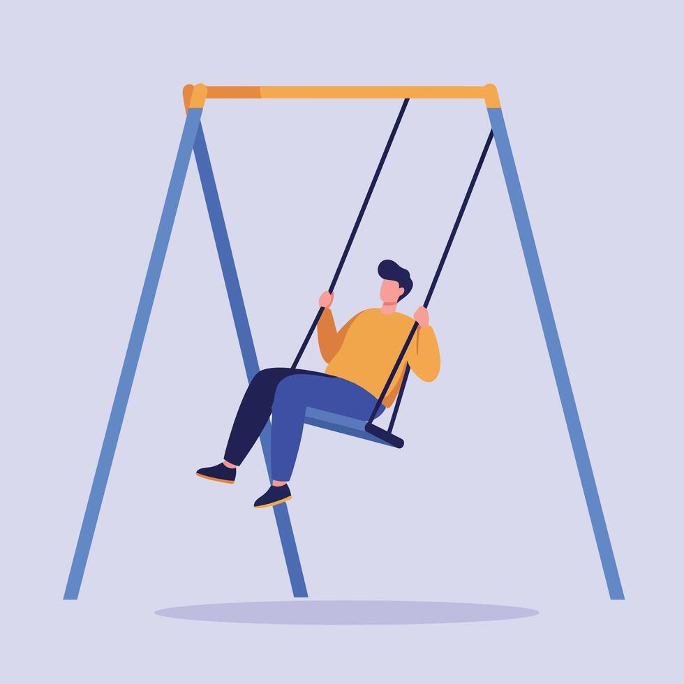 A young man swinging joyfully on a playground swing in a minimal and colorful design style, showcasing a carefree and playful atmosphere in art vector