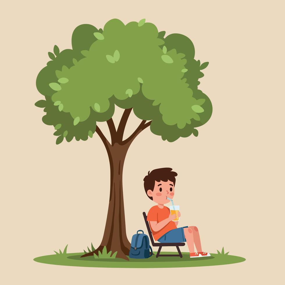 Young boy sitting under a large green tree enjoying a cool drink in a flat illustration vector