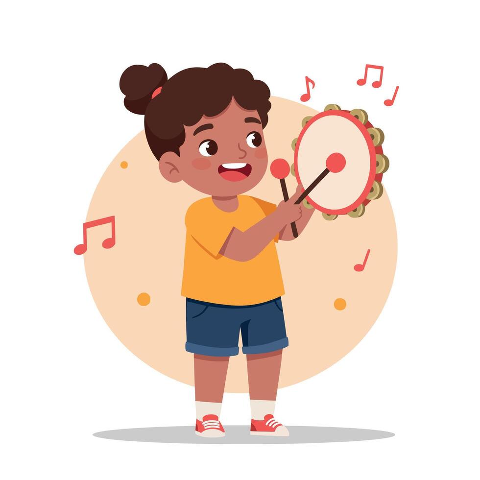 Happy young girl playing a tambourine with enthusiasm in a flat illustration setting, radiating joy and creativity through music art vector