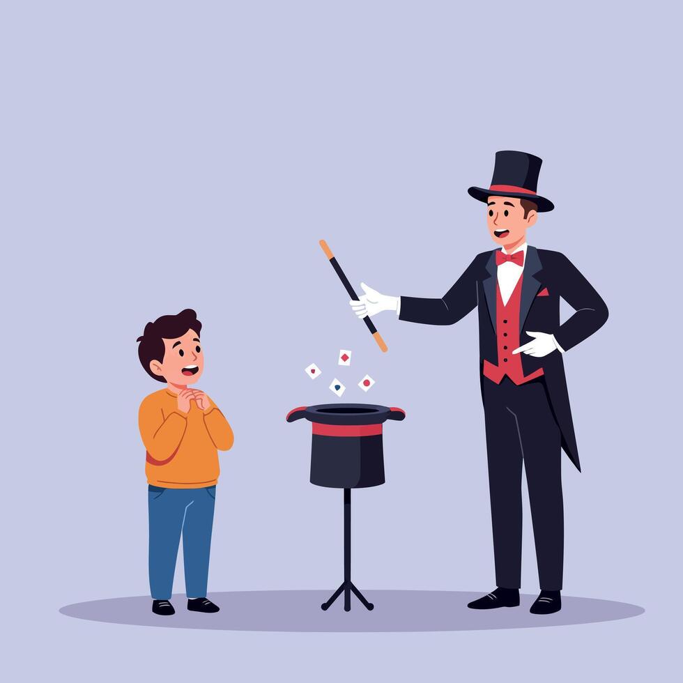 A magician performing a captivating trick for an amazed child in a flat, colorful style showcasing joy and wonder in art vector