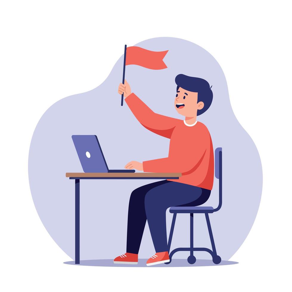 A young man celebrating success while sitting at a desk with a laptop, waving a red flag in a cheerful flat illustration vector