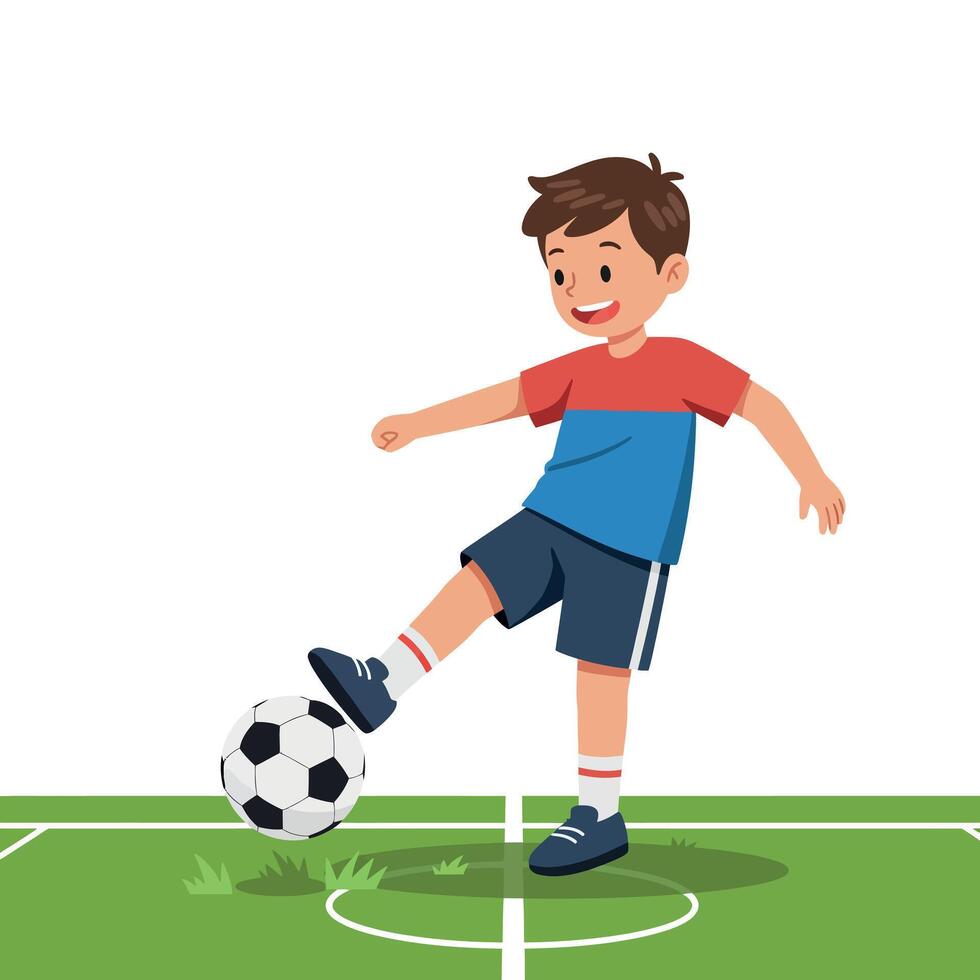 A young boy joyfully kicking a soccer ball on a vibrant green field in a flat illustration style vector